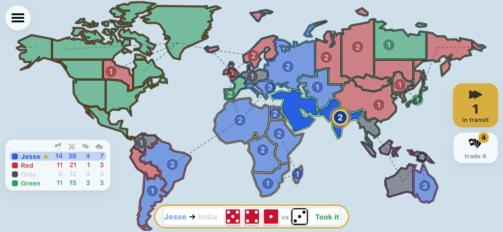 Conquest: a world map of forty-two countries in four colours, dice rolled, one army in transit after taking India
