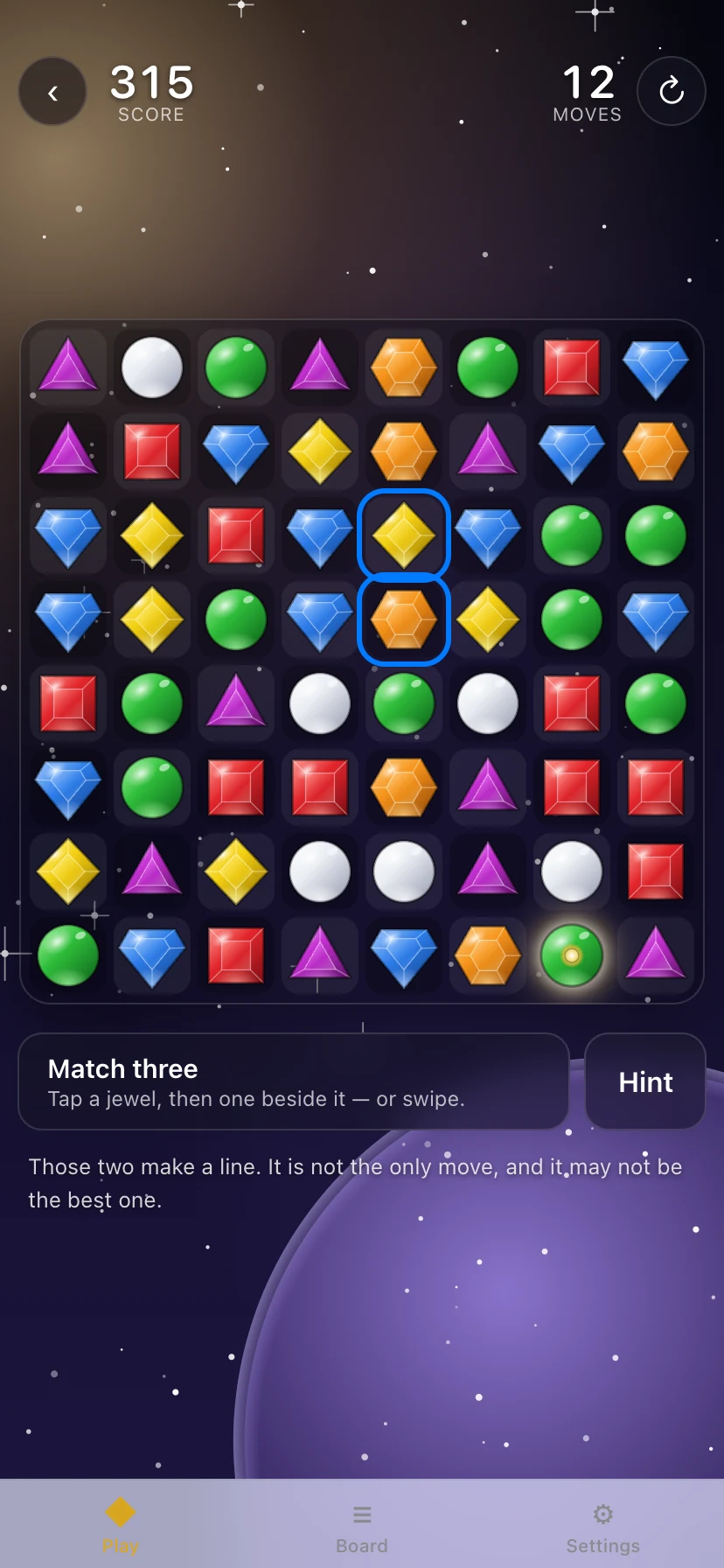 Gems: an eight-by-eight board of seven jewels, each a different shape, twelve moves in, two lit by a hint